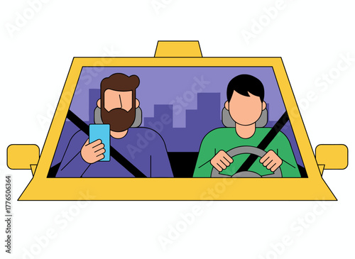 A flat cartoon vector illustration shows a taxi driver and a bearded passenger in the front seat surfing the internet on a smartphone, visible through the windshield as they use an automobile service