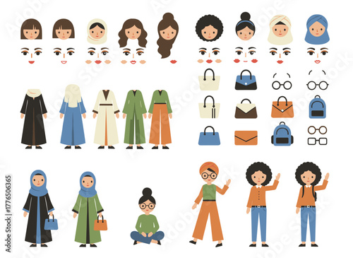 A flat cartoon vector illustration of a young Arab businesswoman with a construction kit, displaying a bundle of female office worker body parts, emotions, and traditional clothing isolated on a