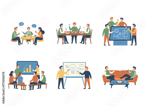 Illustration of a group of individuals in therapy sessions with psychotherapists or psychologists employing various psychotherapy methods, rendered as a flat cartoon vector on a white background