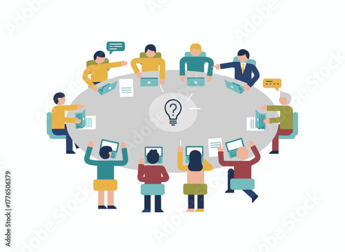 A flat‑style cartoon vector illustration of office workers around a round table exchanging ideas and information during a work meeting, business negotiation, conference, or group discussion