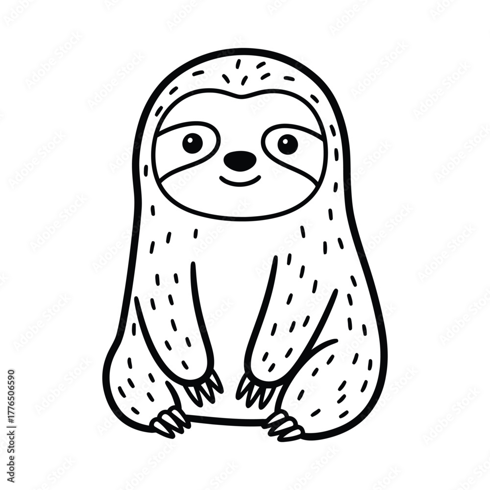 Obraz premium A cute sloth is sitting upright, looking directly at the viewer with a gentle smile, presented in a charming doodle style