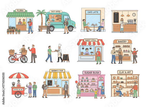 A diverse group of cheerful cartoon characters work in a family‑owned business, illustrated in flat vector style, depicting owners and customers in a small shop, café, and store fronts against a