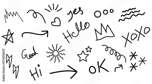 hand drawn doodle sketch icons and symbols, minimalist black line art decorative elements, abstract vector design with arrows stars and text