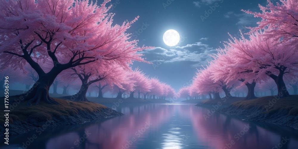 Obraz premium Magical cherry blossom trees line a serene river under a glowing moon