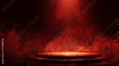 Glowing circular stage bathed in red light with sparkling bokeh particles abound