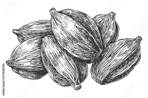 Wallpaper Mural Black and white cardamom pods botanical drawing; heap of whole spice elements; natural flavorings illustration. Torontodigital.ca