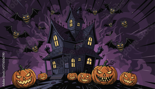 Spooky Haunted House with Angry Flying Bats and Jack-O'-Lanterns