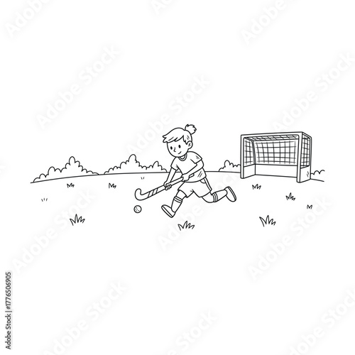 Illustration of a girl playing field hockey, drawn with black lines, perfect for sportsthemed designs or educational materials