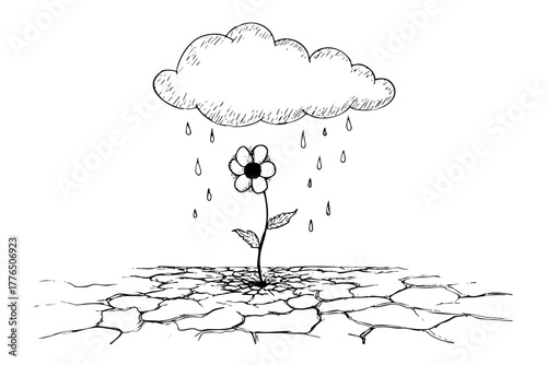 Lone flower thriving in arid cracked land with a cloud bringing rain; symbol of hope and persistence hand drawn sketch; environmental theme art.