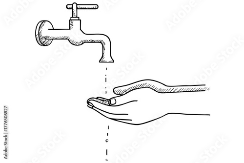 Doodle drawing of water tap with water flowing over hands, line art illustration of water washing clean hygiene