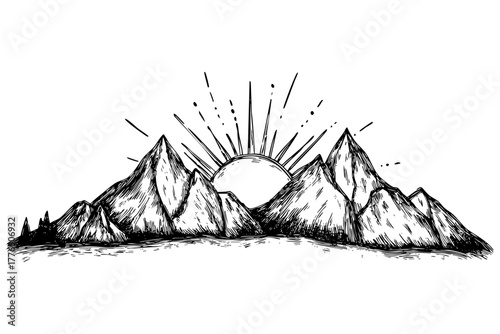 Hand drawn mountain landscape with sun rising or setting over peaks, line art engraving illustration travel adventure