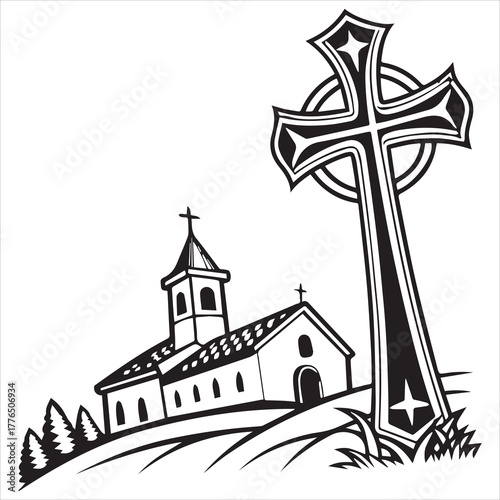 christian cross  outline black vector