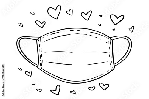 Medical mask doodle drawing for health protection, surrounded by small hearts, illustrating care and safety