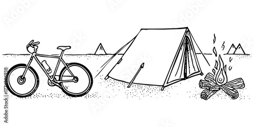 Doodle line art illustration of outdoor camping scene featuring a bicycle, tent, and campfire, travel adventure sketch