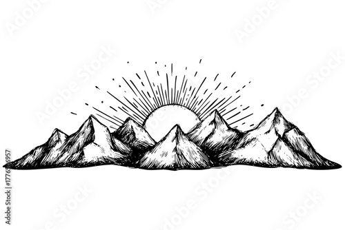 Hand drawn mountain landscape with sun rising or setting over peaks, line art engraving illustration travel adventure