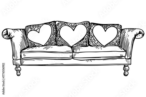 Hand drawn sketch of a comfortable sofa with elegant heart shaped pillows, intricate detail artwork