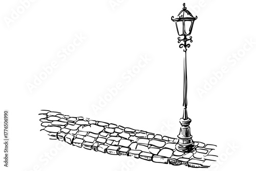 Decorative street lamp on a classic cobblestone path; intricate lamppost illuminating a pavement, vintage style doodle art black white.