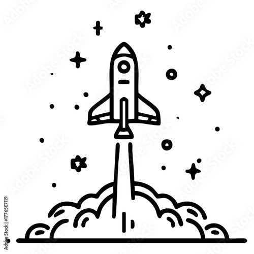 Rocket launching into space surrounded by stars, representing innovation, adventure, and new beginnings for projects.