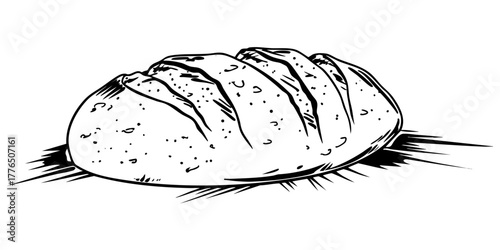 Hand drawn sketch of a freshly baked loaf of bread. Engraving style ink drawing isolated on a white background, delicious food item.