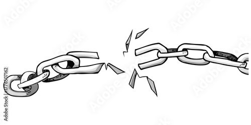 Vector illustration of a broken chain. Hand drawn sketch of metal chain. Engraving style ink drawing isolated on white background.