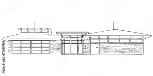 Architectural front elevation design, modern building outline drawing, contemporary structure sketch, stylized exterior line art.