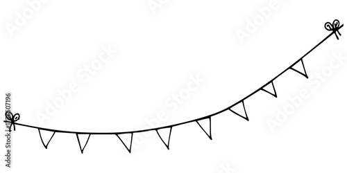 Doodle outline drawing, decorative bunting flags garland, simple pennant string sketch, celebration banner line art.