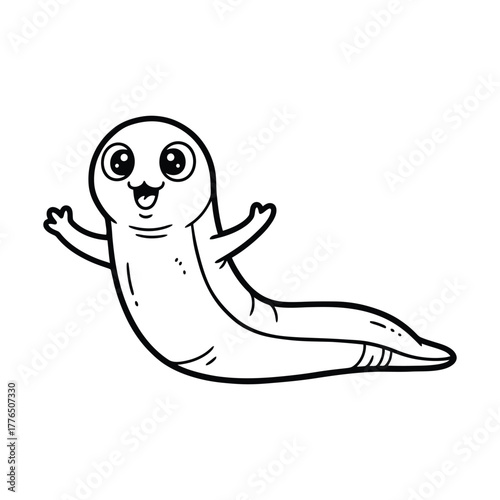 A cheerful cartoon axolotl with a big smile is swimming happily, its cute face and outstretched arms evoke joy and playfulness