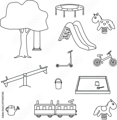 Hand drawn illustration set of park playground equipment. Vector outline illustrations. For icons, stickers, kids magazines.
