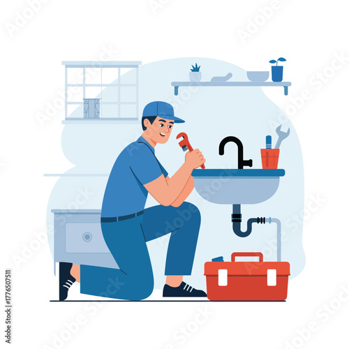 A plumber repairs a sink with a wrench, with a toolbox nearby.