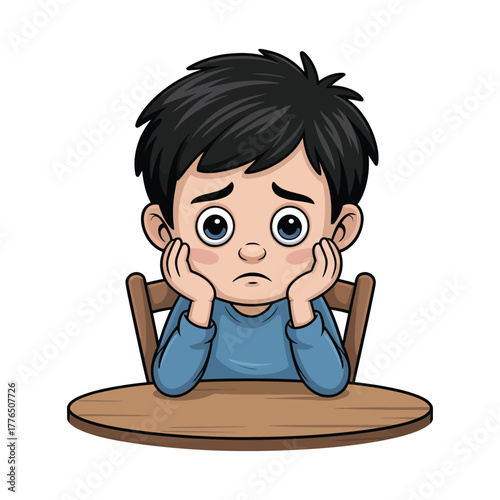A sad boy sits at a table, resting his head on his hands.