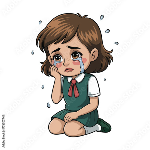 A young girl is crying and looking sad while kneeling on the floor.