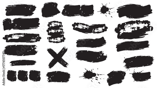 Collection of artistic black brush strokes on white background isolated art