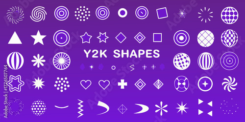 Collection of y2k style white graphic design elements and shapes on a purple background