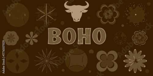 Boho text with tribal bull head and floral patterns in earthy brown tones