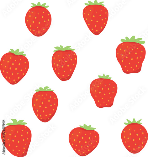 Set of whole cartoon strawberries of different shapes. Red berry vector illustration. Childish flat style.