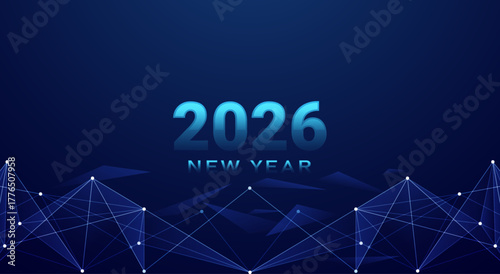 Futuristic "2026 New Year" banner with abstract low poly network connection on the bottom. Technology and innovation background. vector eps10