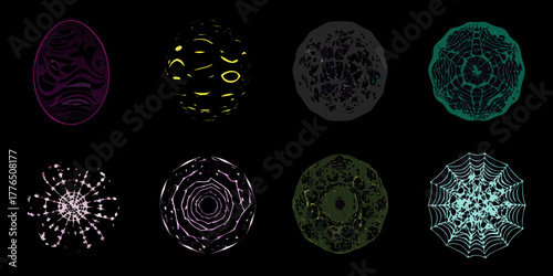 Collection of eight abstract spherical and egg shaped objects with intricate patterns and designs
