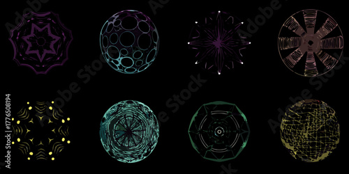 Collection of abstract geometric and spherical digital art elements with dark background