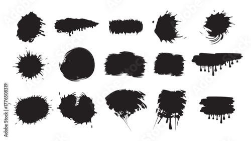 Collection of black vector brush strokes paint splatters and ink blots