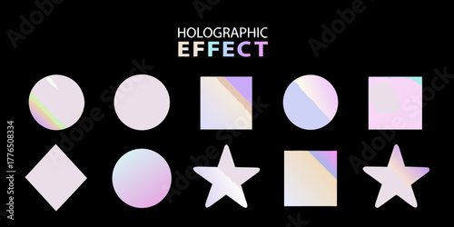 Collection of holographic geometric shapes and text effect on black background