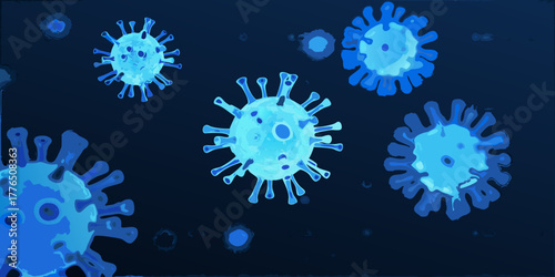 Abstract representation of blue coronavirus particles floating in dark blue space with a textured background