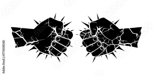 Two fists breaking through a cracked surface symbolizing strength and determination