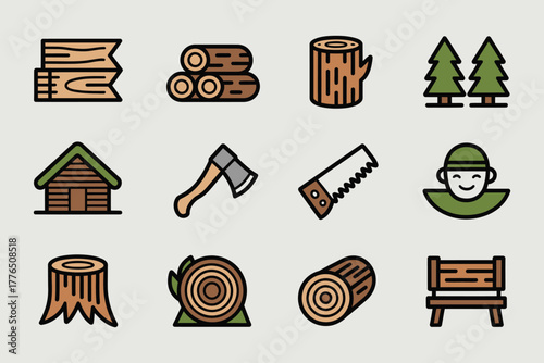 Logging and lumberjack with beard and related thin line icons: jack-plane Vector illustration.