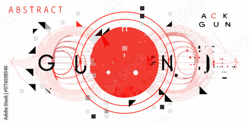 Abstract geometric composition with red circle and concentric rings and text
