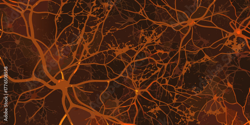 Abstract network of glowing orange neuron cells and neural pathways on a dark background