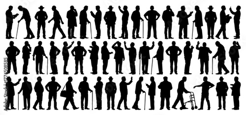 Elderly Man's Vector Big Collection - Black Silhouettes of Senior Male in Various Poses and Activities on Transparent Background