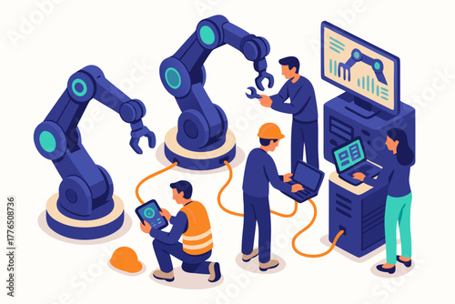 Modern factory automation with collaborative robot arms and engineers monitoring production efficiency