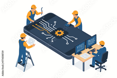 Tech repair team fixing mobile device for seamless digital experience, mobile solutions and device support