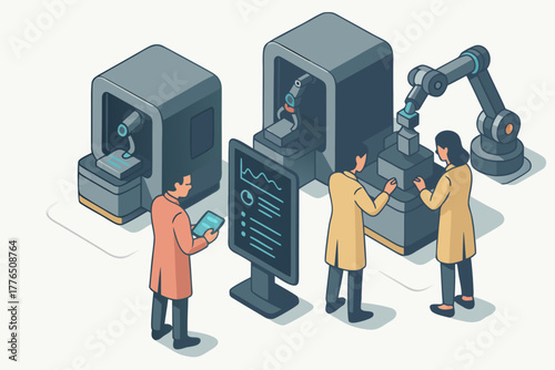 Modern factory automation with robotic arm and scientists monitoring production line for efficiency