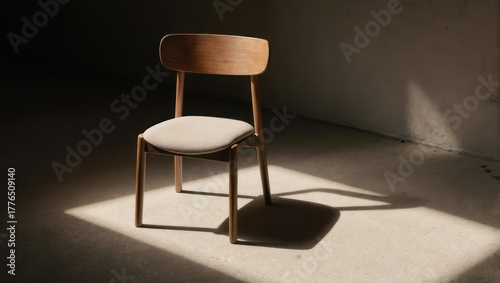 Minimalist Wooden Chair Bathed in Sunlight in an Empty Room.